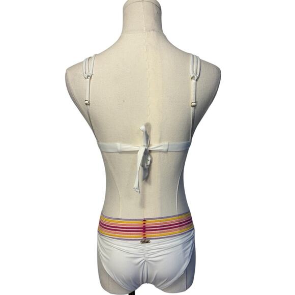 Beach Bunny Triangle Bikini Womens Size Small White Neon Stripes Rushed - Picture 2 of 11